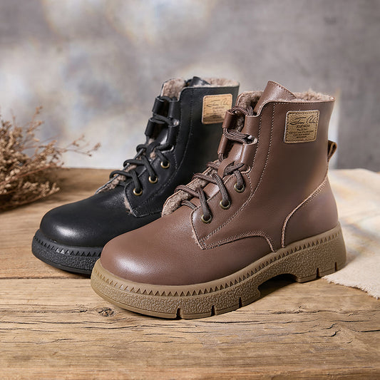 Handmade thick-soled genuine leather women's ankle boots Martin boots retro literary round-toed lace-up side zipper cowhide women's leather boots