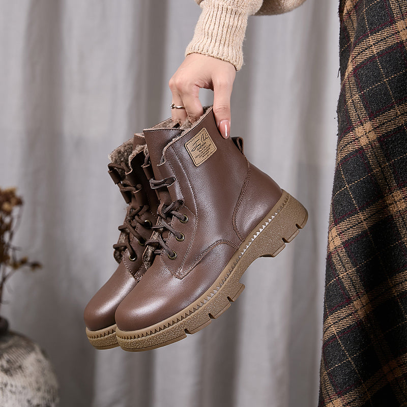 Handmade thick-soled genuine leather women's ankle boots Martin boots retro literary round-toed lace-up side zipper cowhide women's leather boots