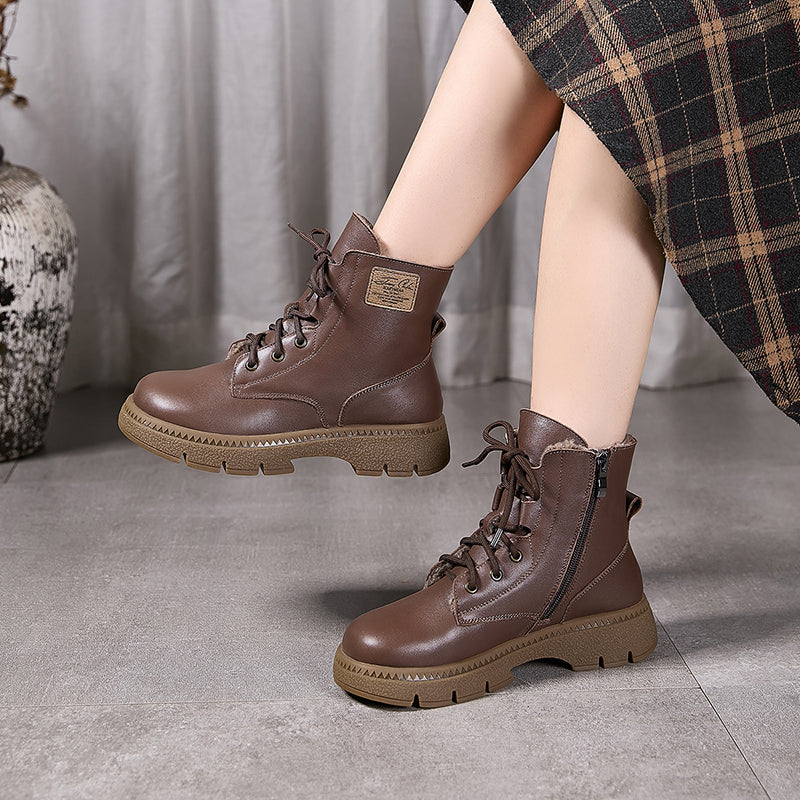 Handmade thick-soled genuine leather women's ankle boots Martin boots retro literary round-toed lace-up side zipper cowhide women's leather boots